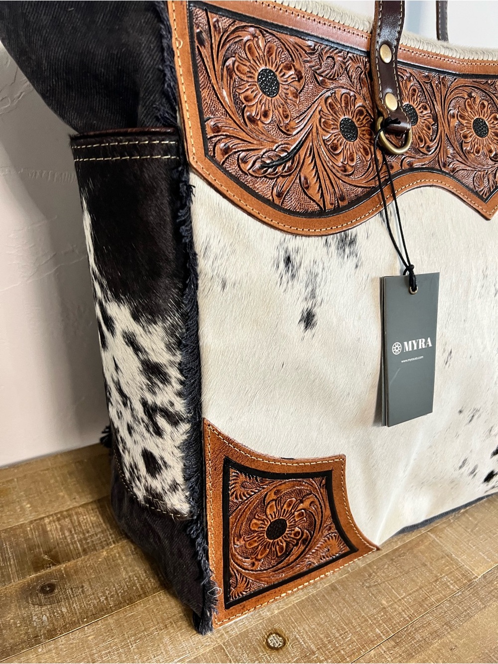Myra Hair-On Hide Weekender XL Tooled Leather Western Travel Bag NWT - Picture 11 of 12